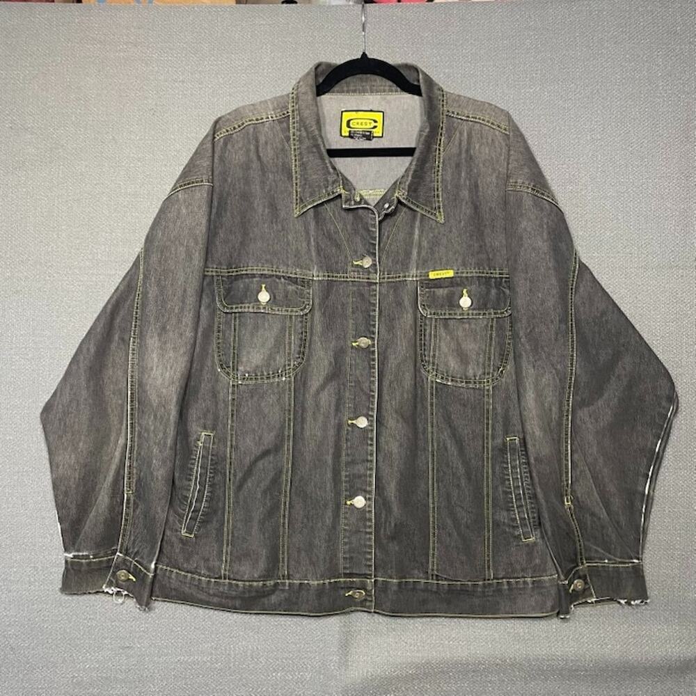 Vintage Crest Jeans USA Men's 2XL Black Jean Jacket Yellow Stitching Streetwear